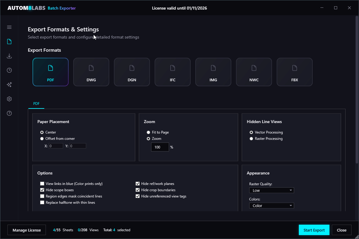 Create Tab interface showing export settings and start button
