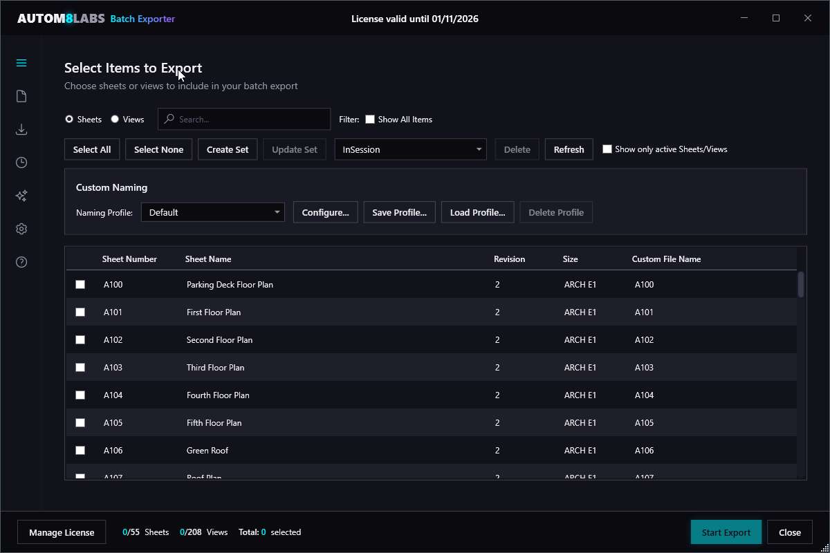 Batch Exporter main interface showing the Selection tab with sheets list