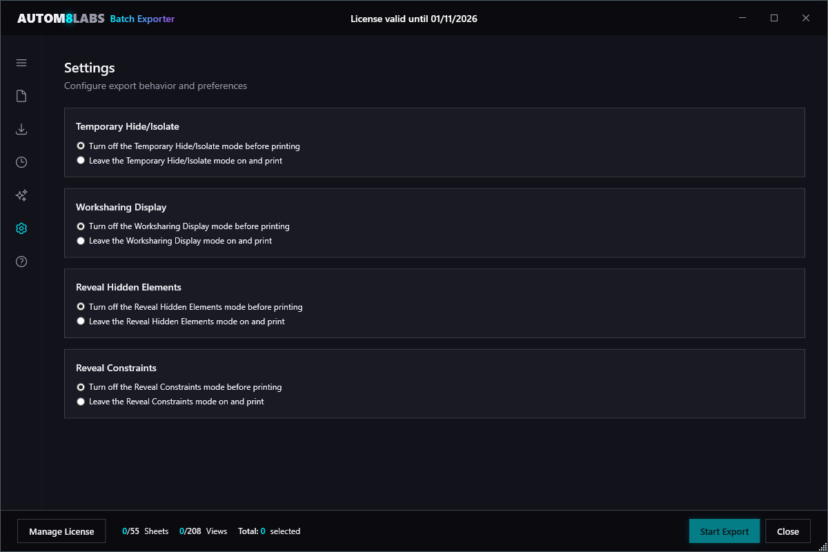 Settings Tab showing export behavior options like Temporary Hide/Isolate, Worksharing Display, and Reveal Hidden Elements