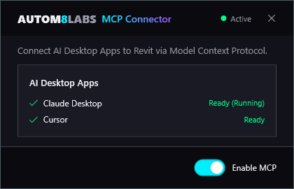MCP Connector dialog showing Claude Desktop as Ready and Cursor as Not Detected