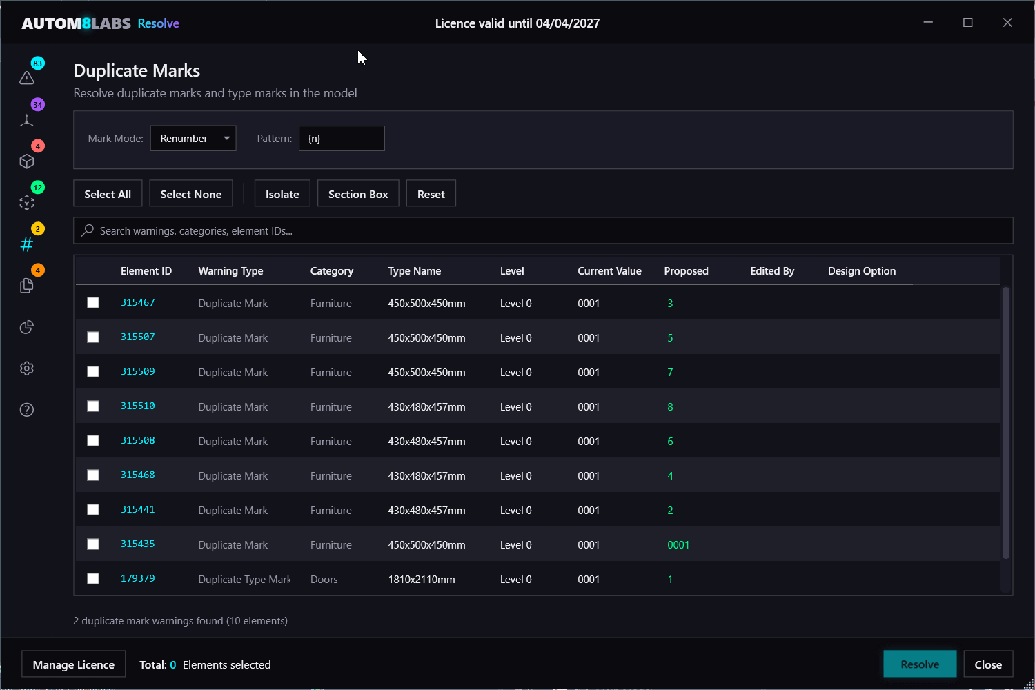 Duplicate Marks tab with renumber options