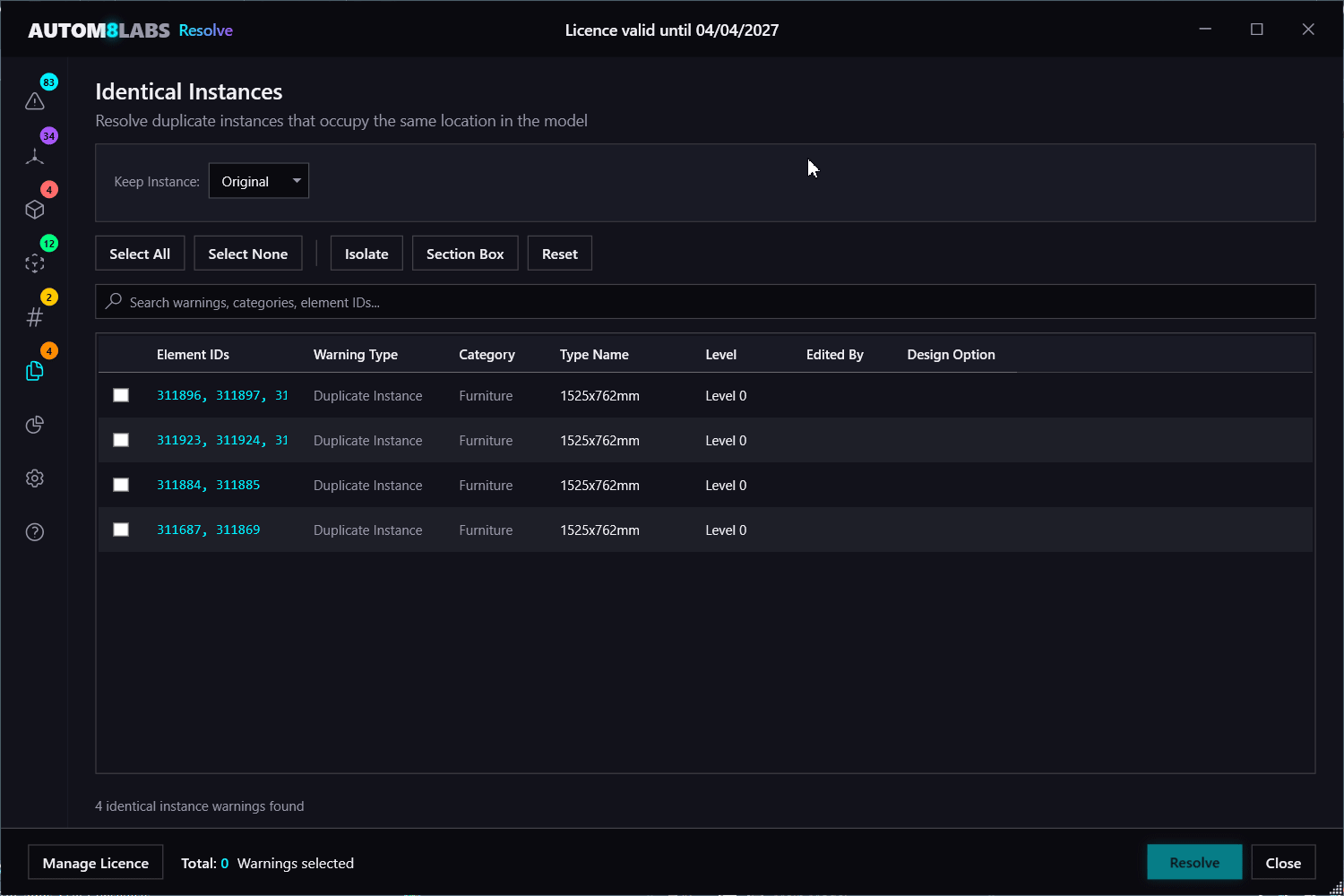 Identical Instances tab detecting stacked elements