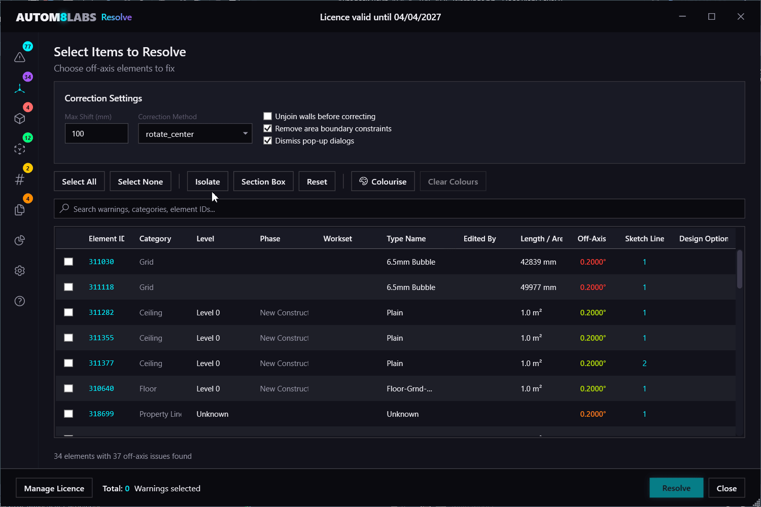 Off-Axis tab scanning and correcting off-axis elements