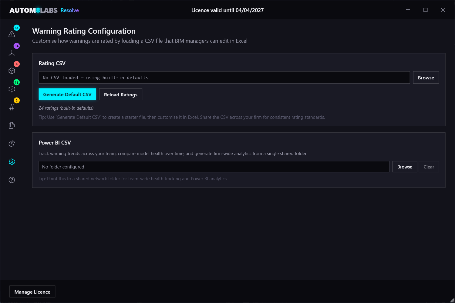Settings tab configuration